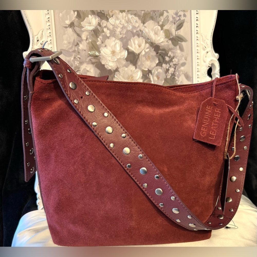 🍷MADE IN INDIA Suede Studded Hobo Elegant Burgundy Shoulder Bag🍷NWT - Picture 6 of 17